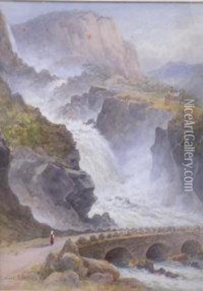 A Norwegian Waterfall Oil Painting - Thomas Hart