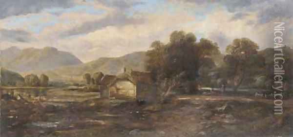 Figures beside a cottage in a highland landscape Oil Painting - Horatio McCulloch