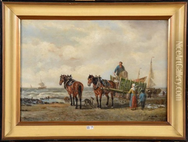 Pecheurs De Crevettes En Bord De Mer Oil Painting - Josef Schakewits