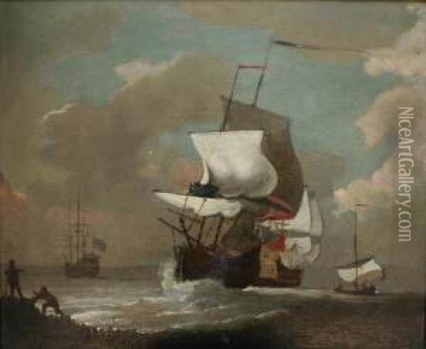 Vessels In Coastal Waters Oil On Canvas 44 X 52.5cm Oil Painting - Cornelis van de Velde