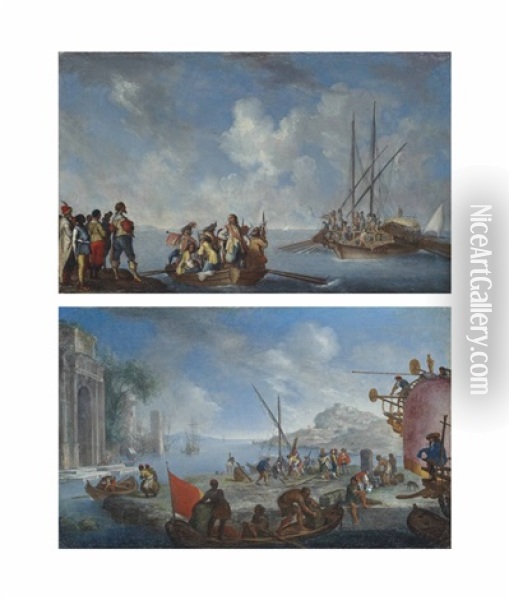 A Coastal Scene With Figures Disembarking From A Ship (+ A Coastal Scene With Figures Loading Boats; 2 Works) Oil Painting - Cornelis de Wael