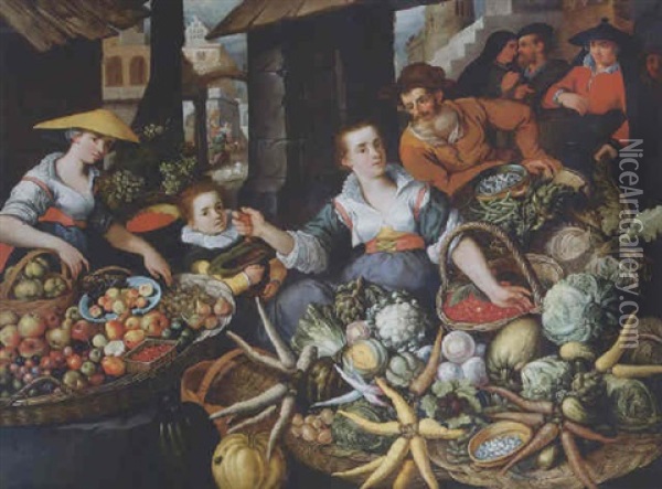 A Fruit And Vegetable Stall In A Town Market Oil Painting - Jean-Baptist de Saive