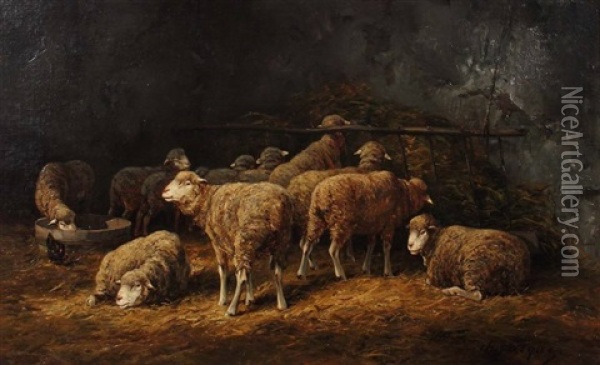 Eine Herde Von Elf Schafen Im Stall Oil Painting - Charles Emile Jacque