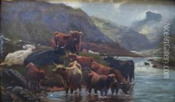 Highland Cattle By A Loch Oil Painting - Peter Graham