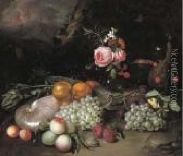 A Nautilus Shell, An Artichoke, 
Oranges, Peaches, Grapes, A Vase With Flowers, Plums And A Bottle In A 
Landscape Oil Painting - Jan Pauwel Gillemans The Elder