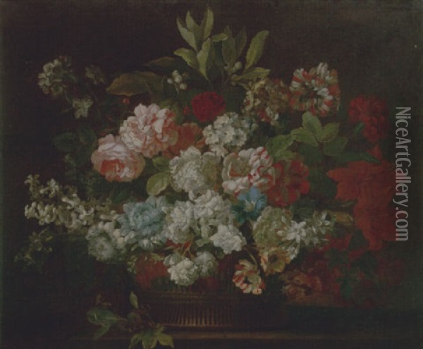 Still Life Of Various Flowers In A Wicker Basket Upon A Stone Ledge Oil Painting - Jean-Baptiste Monnoyer