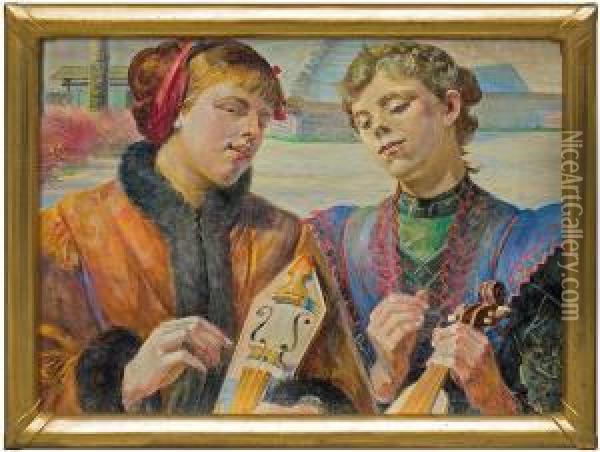 Girls With Fiddles Oil Painting - Jacek Malczewski