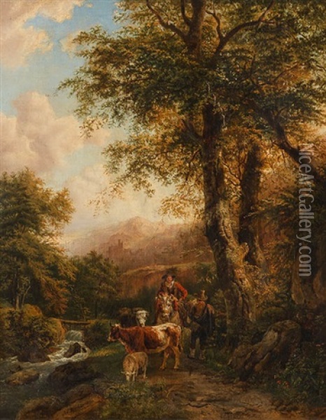 Viehhirten Auf Dem Waldweg Vor Gebirgskulisse Mit Burg Oil Painting - Barend Cornelis Koekkoek