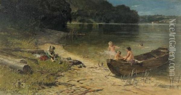 Spielende Knaben Am Seeufer. Oil Painting - Wilhelm Marc