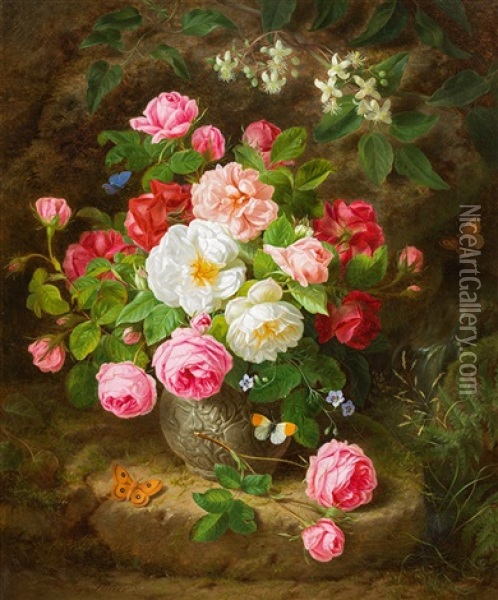 Bouquet Of Roses In A Vase Oil Painting - Josef Lauer