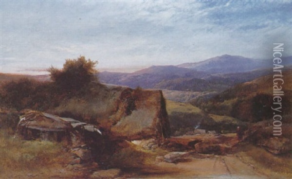 A Welsh Landscape With A Watermill Oil Painting - Henry Bright