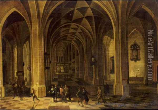 An Elegant Company In A Church Interior At Night Oil Painting - Pieter Ii Neefs