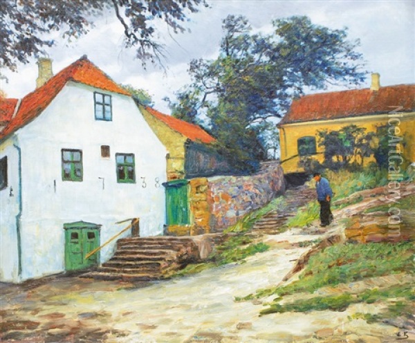 Old Danish Farmyard Oil Painting - Emil Axel Krause