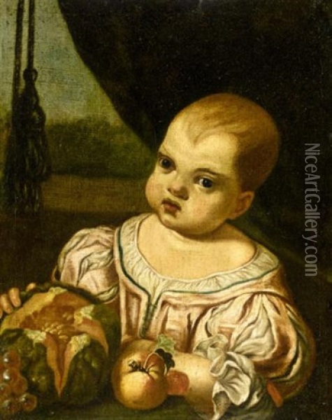 Portrait Of A Child, Half Length, Wearing A Pink Silk Dress And Holding A Melon Oil Painting - Antonio Mercurio Amorosi