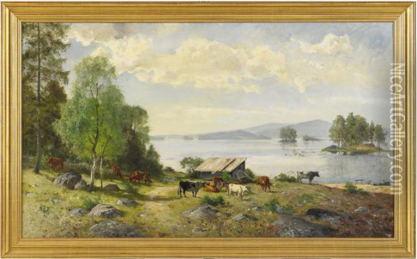 Nordsvenskt Landskap Med Kor Pa Bete Oil Painting - Olof Arborelius