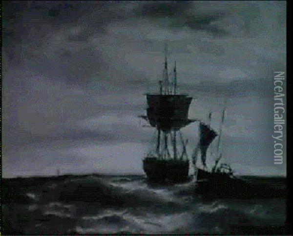 Ankerndes Segelschiff Im Abendlicht Oil Painting - Daniel Hermann Anton Melbye