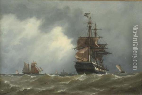 Shipping Off The Coast Signed And Dated 1881 20 X 30in Oil Painting - Richard Henry Nibbs