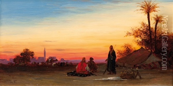Bedouin Camp, Afterglow Oil Painting - Charles Theodore (Frere Bey) Frere