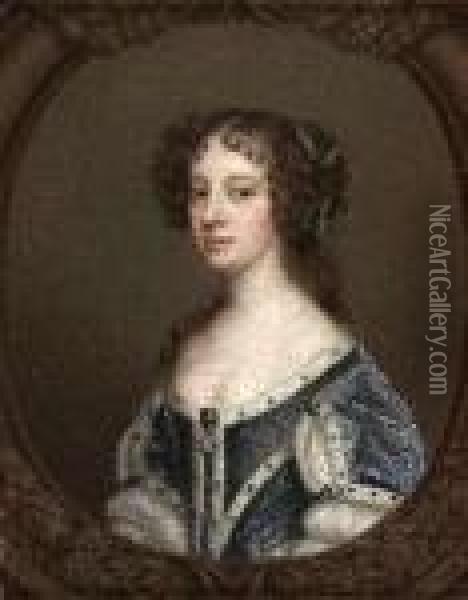 Half Length Portrait Of A Lady In A Blue Dress Trimmed Withermine Oil Painting - Sir Peter Lely