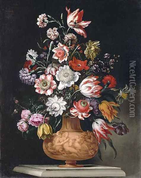 Tulips, roses and carnations and a narcissus in a sculped urn on a stone ledge Oil Painting - Bartolomeo Ligozzi