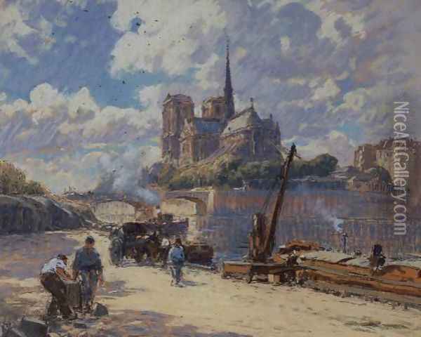 View of Notre Dame from the Seine Oil Painting - Henri Alphonse Barnoin