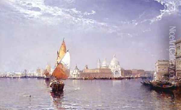 Venetian Canal Scene with the Salute in the distance Oil Painting - Arthur Joseph Meadows