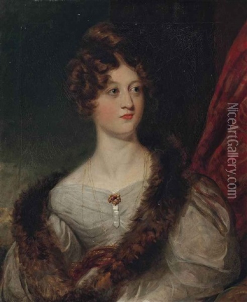 Portrait Of Maria Margaretta (nee Murray), Lady Talbot De Malahide (d. 1873), Half-length, In A White Dress, Before A Red Curtain Oil Painting - Thomas Lawrence
