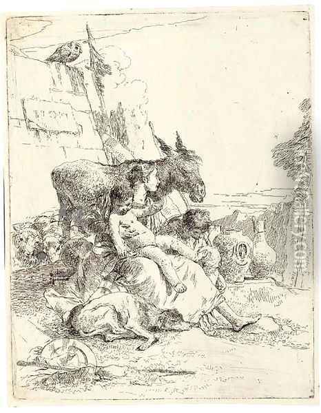 A Mother with two Children, from Scherzi (Rizzi 24) Oil Painting - Giovanni Battista Tiepolo