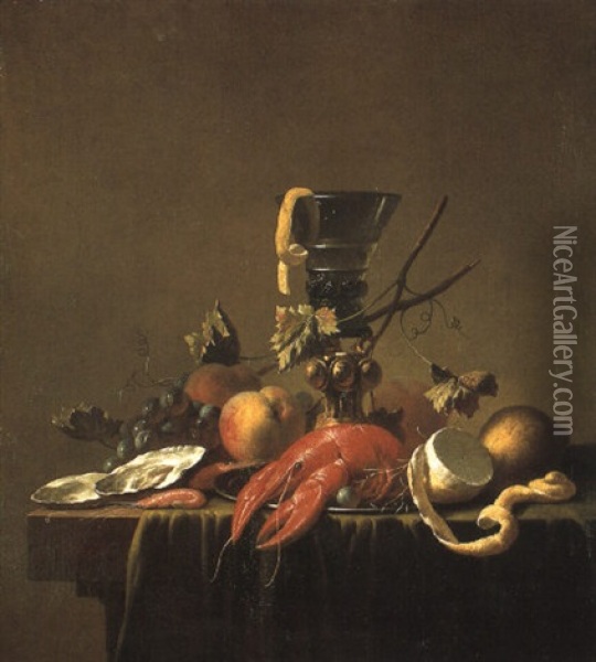 Still Life With Seafood, Fruit And A Roemer On A Draped Table Oil Painting - Jan Davidsz De Heem