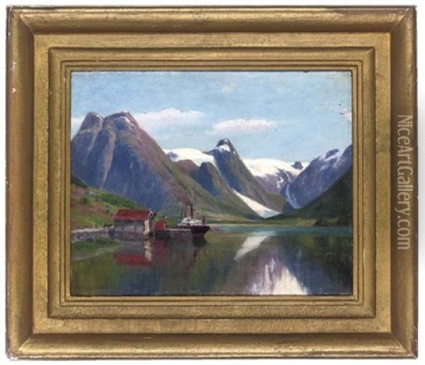 A Steamboat In A Norwegian Fjord Oil Painting - Johannes Martin Grimelund