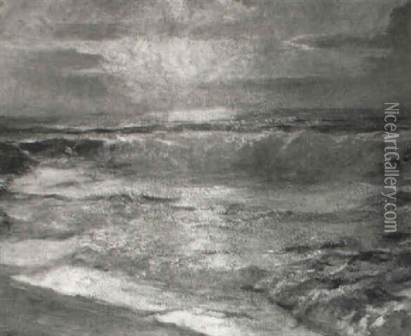Sunset- Waves Breaking On The Shore Oil Painting - Julius Olsson