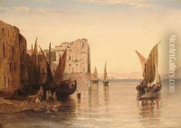 Feluccas On The Nile Near Ruined Buildings Oil Painting - William Linton