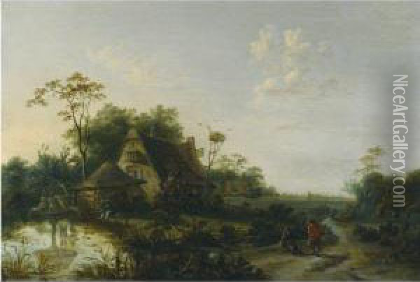 Landscape With Figures Passing By A Cottage And A Pond Oil Painting - Jan Snellinck
