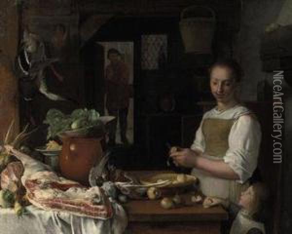 A Kitchen Interior With A Maid And A Child Peeling Apples Oil Painting - Bartholomeus Van Winghen