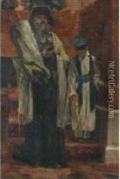 Edouard Attribue A. Le Rabbin Portant La Thora Et Le Bar -mitzwa Oil Painting - Edouard J. Emile Brandon