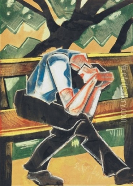 Ferfi A Padon - Man On The Bench Oil Painting - Hugo Scheiber
