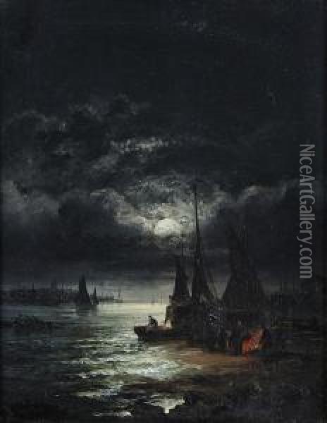 Moonlit Harbour Scene Oil Painting - William A. Thornley Or Thornber