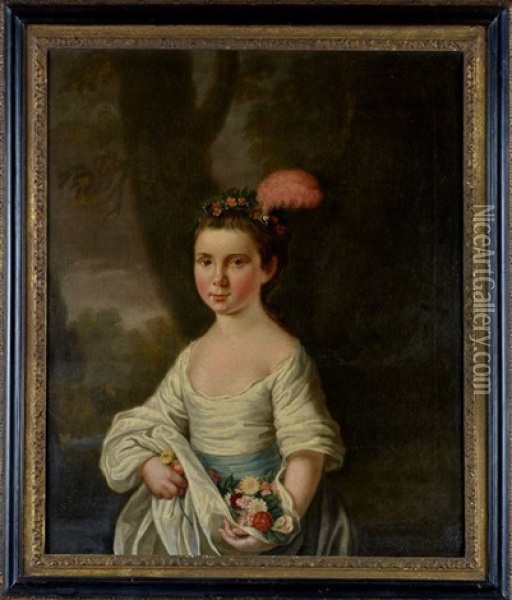 A Portrait Of A Young Girl With Flowers And A Pink Feather In Her Hair Oil Painting - Mason Chamberlin