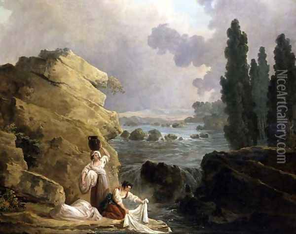 Washerwomen by a Cascade, c.1800 Oil Painting - Hubert Robert