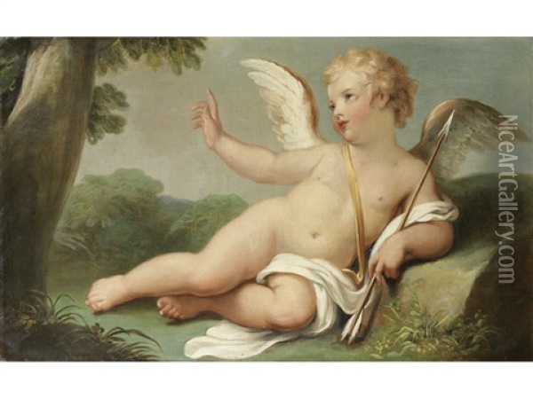 Cupid Before An Italianate Landscape Oil Painting - Anton Raphael Mengs