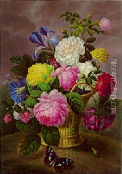 Roses, Irises And Other Flowers In A Basket Oil Painting - Adelheid Friedericke Braun