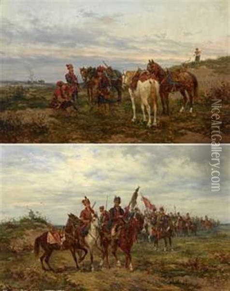 Tre Kosakker Hviler (+ Kosakkhaer, Signed; 2 Works) Oil Painting - Ludwig Gedlek