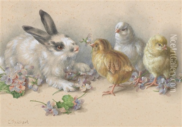 An Easter Picture: Rabbits And Chicks Oil Painting - Carl Reichert