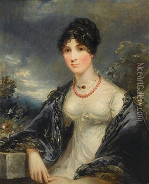 Portrait Of A Lady, Half-length, In A White Dress With A Blue Shawl And A Coral Necklace Oil Painting - Thomas Lawrence