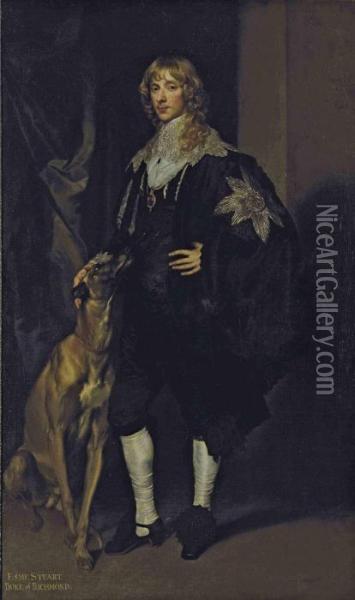Portrait Of James Stuart, 4th 
Duke Of Lennox And 1st Duke Of Richmond (1612-1655), Full-length, In 
Black, With The Star And Garter Of The Order Of The Garter, And The 
Lesser George On A Blue Ribbon, With His Hound, In An Interior, A Draped
 Curtain Oil Painting - Sir Anthony Van Dyck