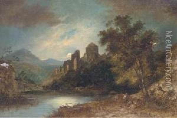 Travellers On A Track, A Ruined Castle Beyond Oil Painting - Sebastian Pether