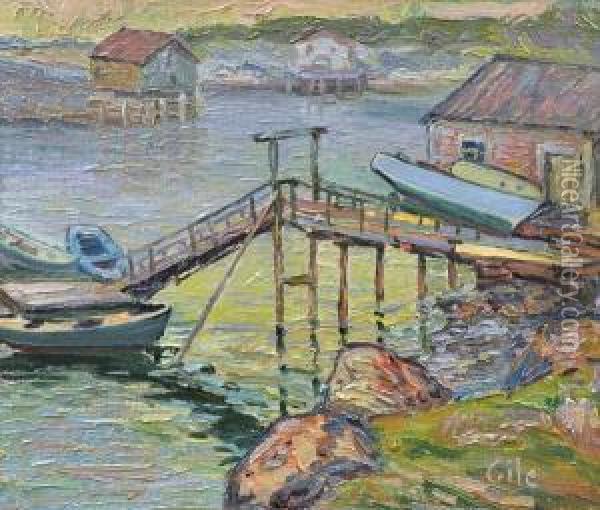 Boats Moored At Adock Morning Oil Painting - Selden Connor Gile