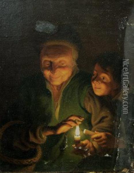 Elderly Woman And Child Lighting Candles Oil Painting - Georges de La Tour