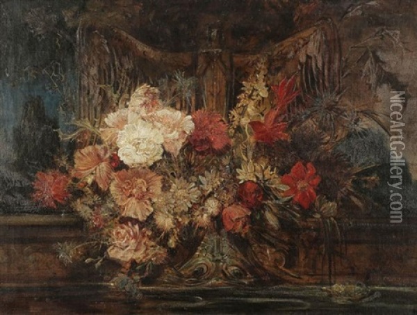 Blumenbouquet Vor Einem Brunnen Oil Painting - Friedrich Ernst Wolfrom