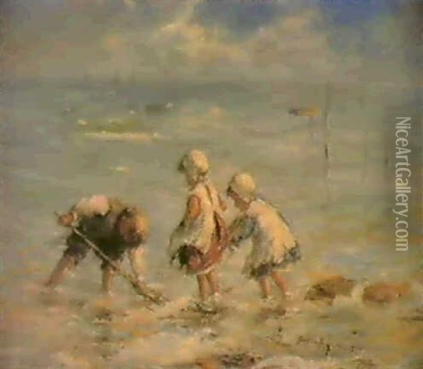Children Shrimping Oil Painting - Robert Gemmell Hutchison